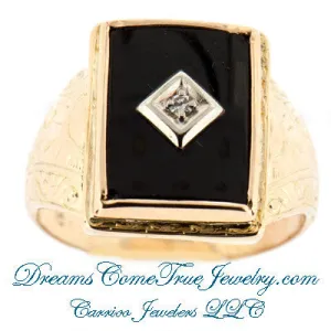 0.03 ct Diamond 10K Gold Mens Vintage Hand Engraved Onyx Ring