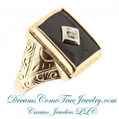 0.03 ct Diamond 10K Gold Mens Vintage Hand Engraved Onyx Ring