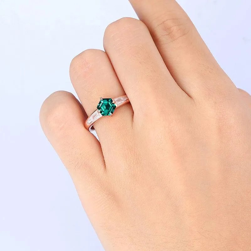 0.8 CT Hexagon Cut 18K Gold Emerald  Engagement Ring
