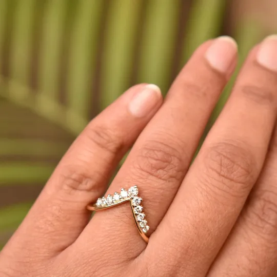 11 Diamond Deep V Chevron Stack Ring in 14K Solid Gold