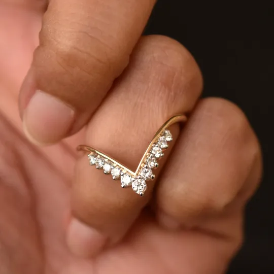 11 Diamond Deep V Chevron Stack Ring in 14K Solid Gold