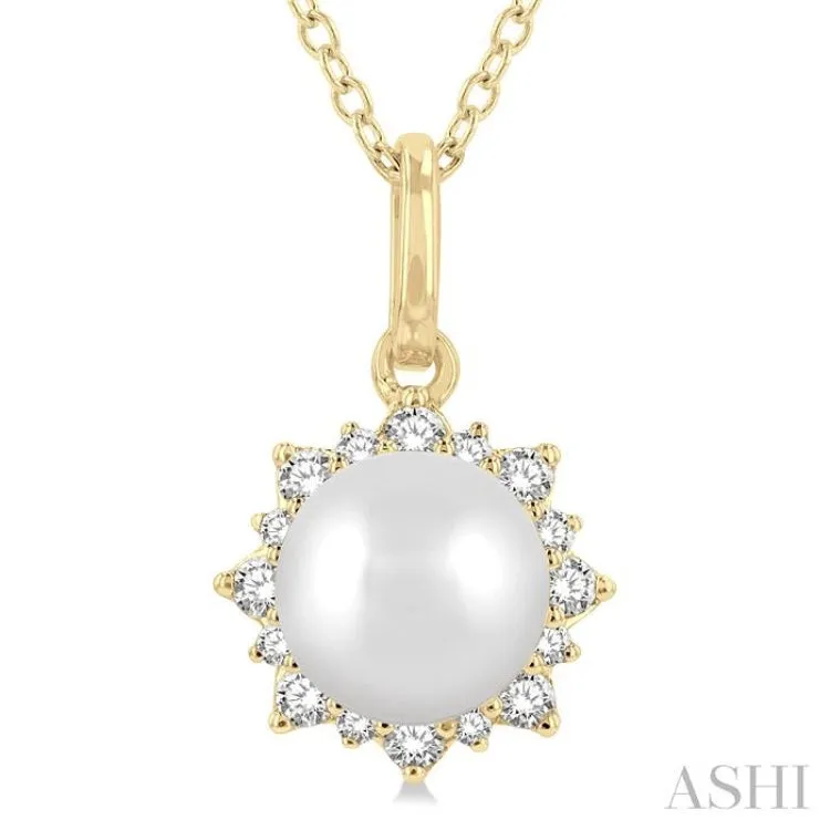 1/10 ctw Petite Sun 6X6MM Pearl and Round Cut Diamond Fashion Pendant With Chain in 10K Yellow Gold
