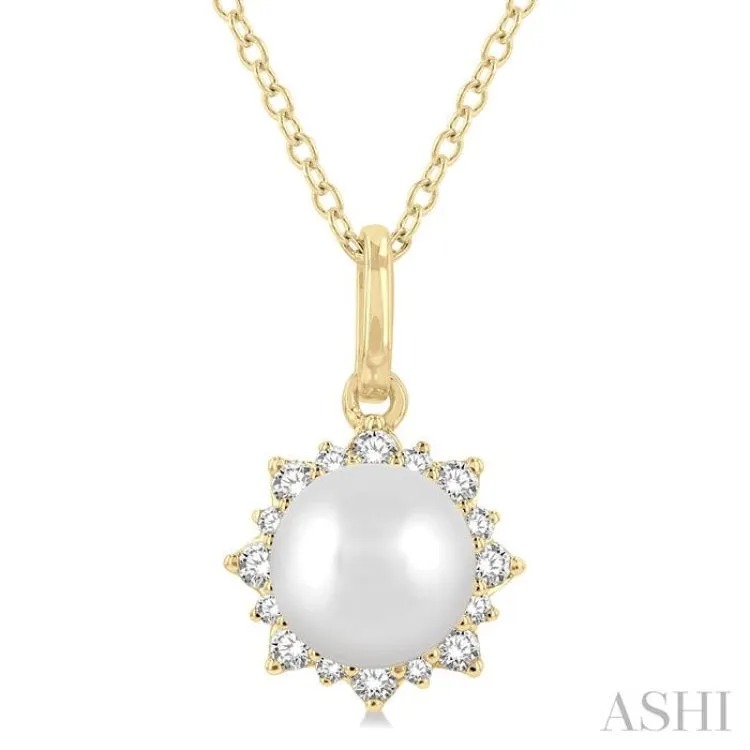 1/10 ctw Petite Sun 6X6MM Pearl and Round Cut Diamond Fashion Pendant With Chain in 10K Yellow Gold