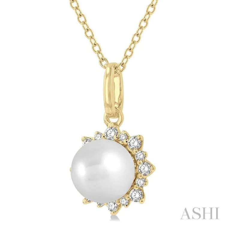 1/10 ctw Petite Sun 6X6MM Pearl and Round Cut Diamond Fashion Pendant With Chain in 10K Yellow Gold