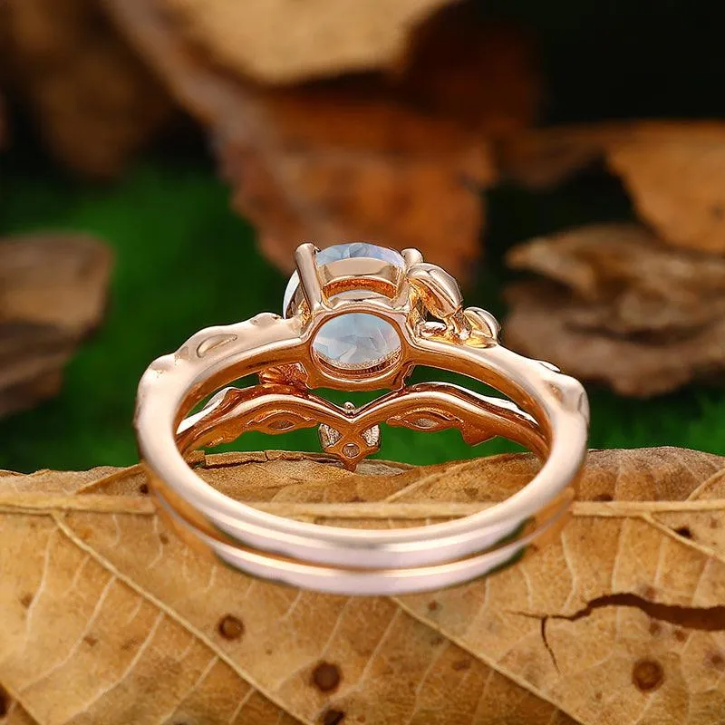 1.25CT Round Shaped 18k Rose Gold  Natural Inspired Art Deco Leaf Moonstone Ring Set