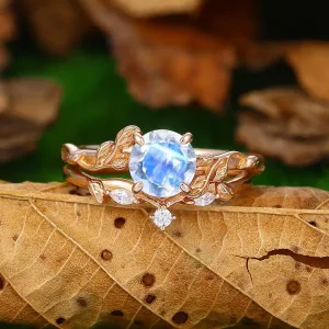 1.25CT Round Shaped 18k Rose Gold  Natural Inspired Art Deco Leaf Moonstone Ring Set