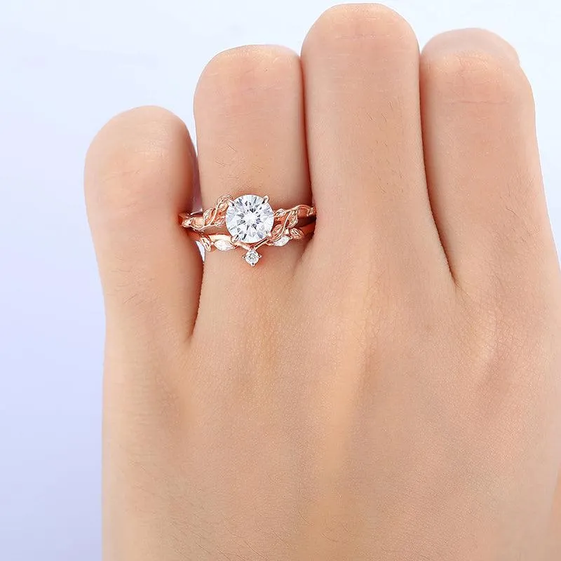 1.25CT Round Shaped 18k Rose Gold  Natural Inspired Art Deco Leaf Moonstone Ring Set