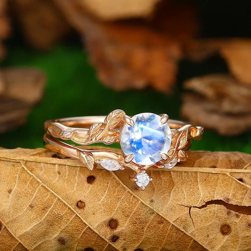 1.25CT Round Shaped 18k Rose Gold  Natural Inspired Art Deco Leaf Moonstone Ring Set