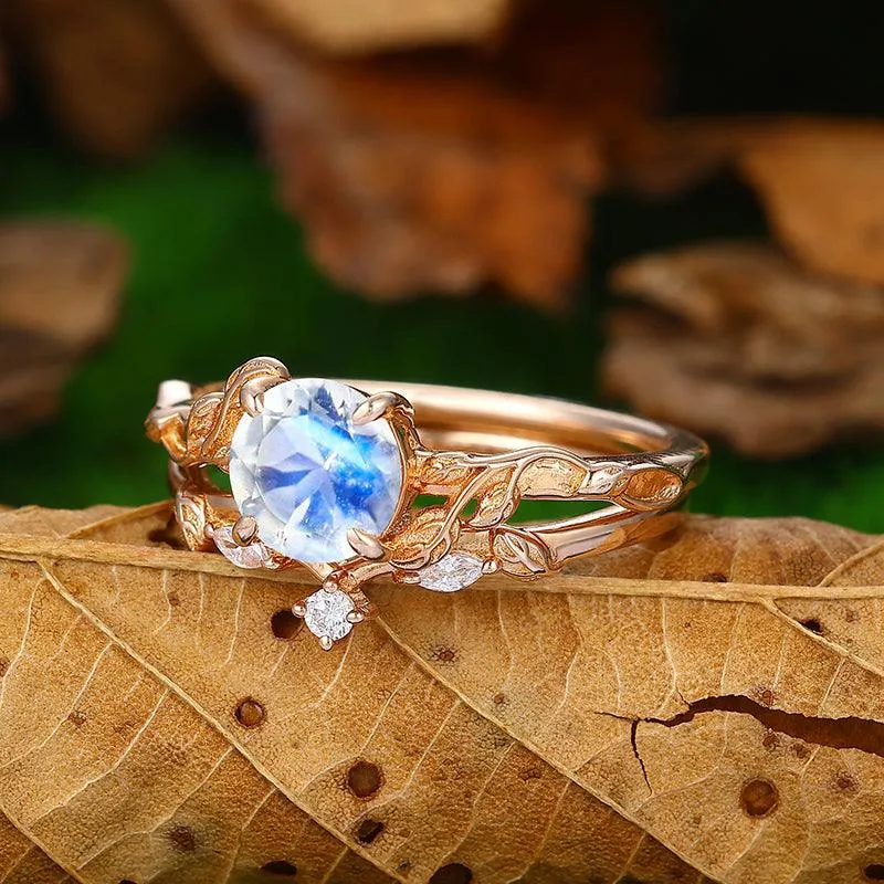 1.25CT Round Shaped 18k Rose Gold  Natural Inspired Art Deco Leaf Moonstone Ring Set