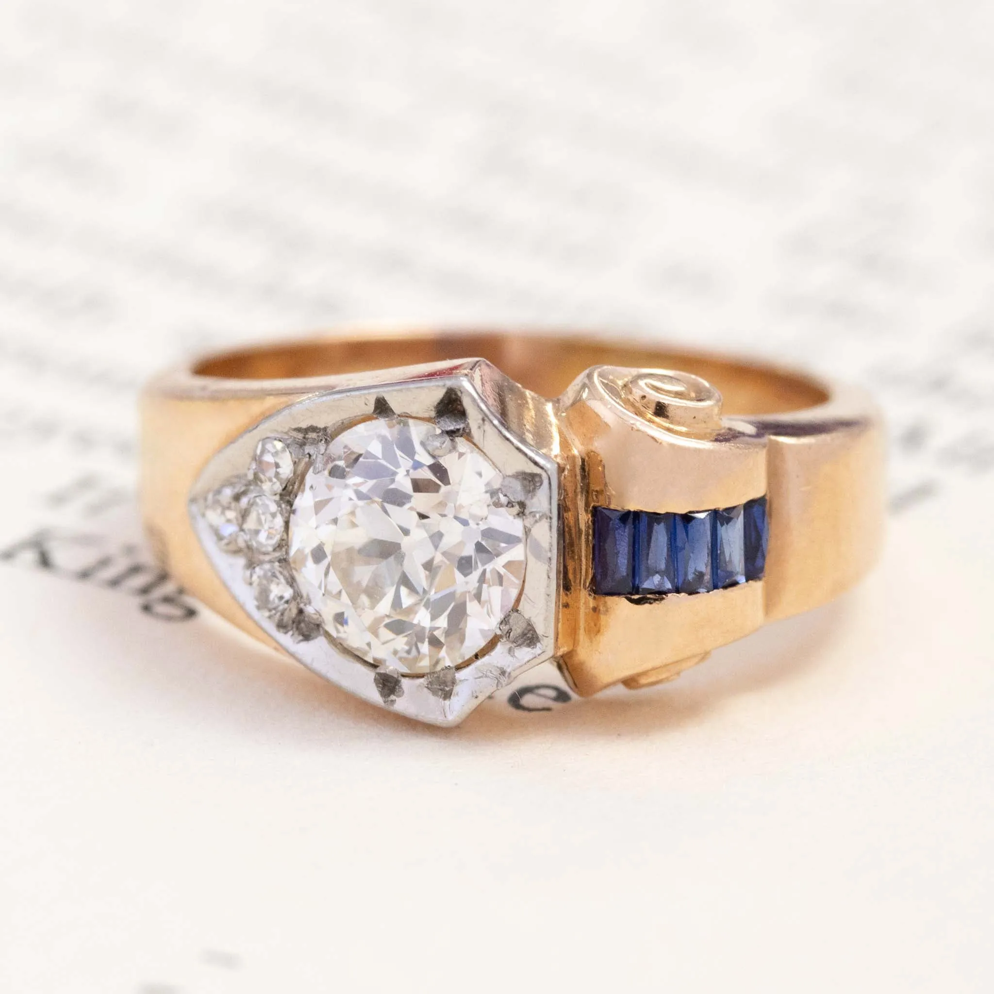 1.31ctw Retro Art Old European Cut Diamond & Sapphire Ring