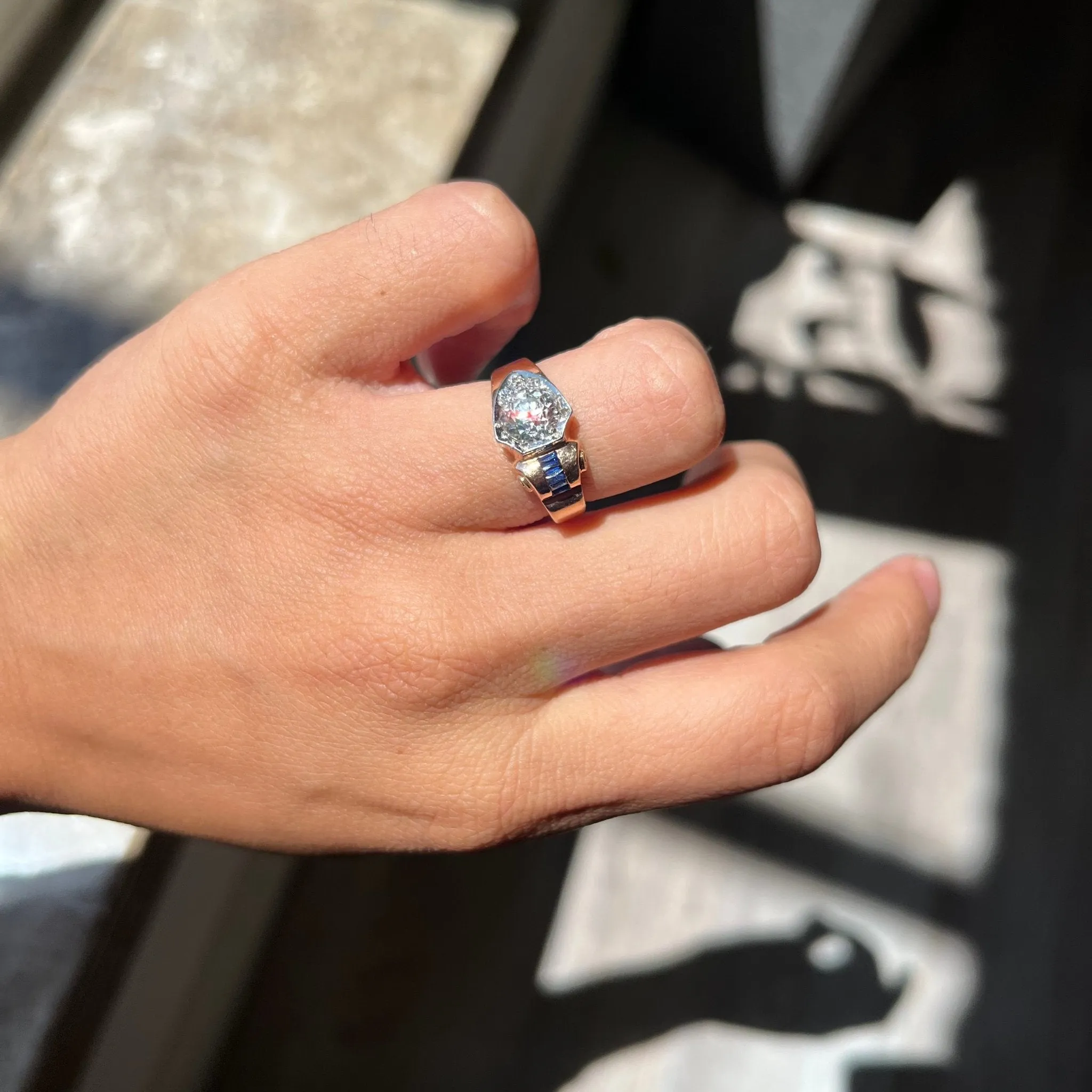1.31ctw Retro Art Old European Cut Diamond & Sapphire Ring