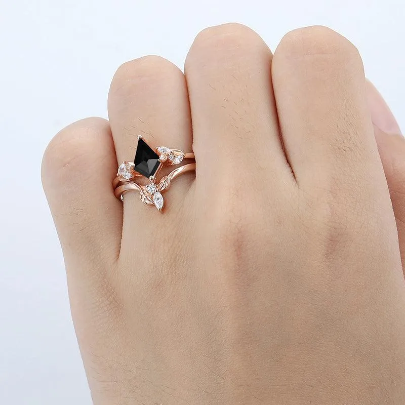1.35 CT Kite Cut Cluster Natural Black Onyx Ring Set Art Deco leaf V Shaped Matching Band