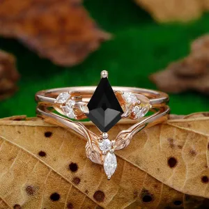 1.35 CT Kite Cut Cluster Natural Black Onyx Ring Set Art Deco leaf V Shaped Matching Band