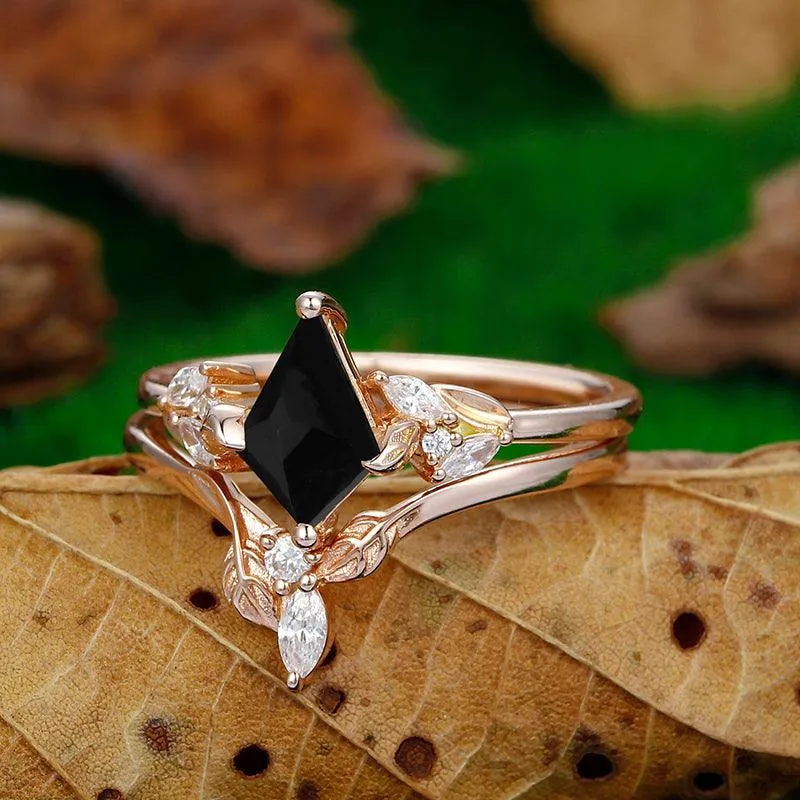 1.35 CT Kite Cut Cluster Natural Black Onyx Ring Set Art Deco leaf V Shaped Matching Band
