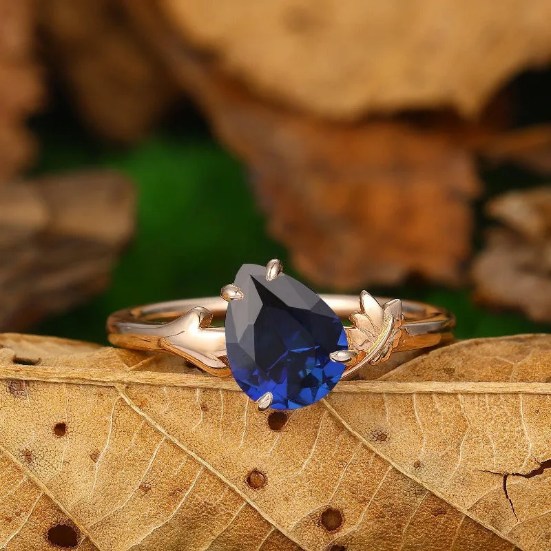 1.35CT Pear Shaped Sapphire Solitaire  Leaf Design Wedding Bridal Ring