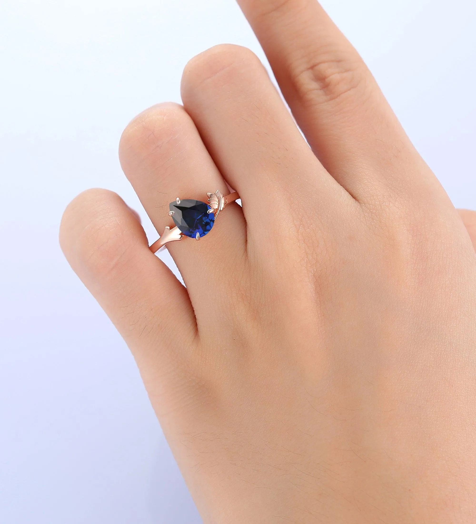 1.35CT Pear Shaped Sapphire Solitaire  Leaf Design Wedding Bridal Ring