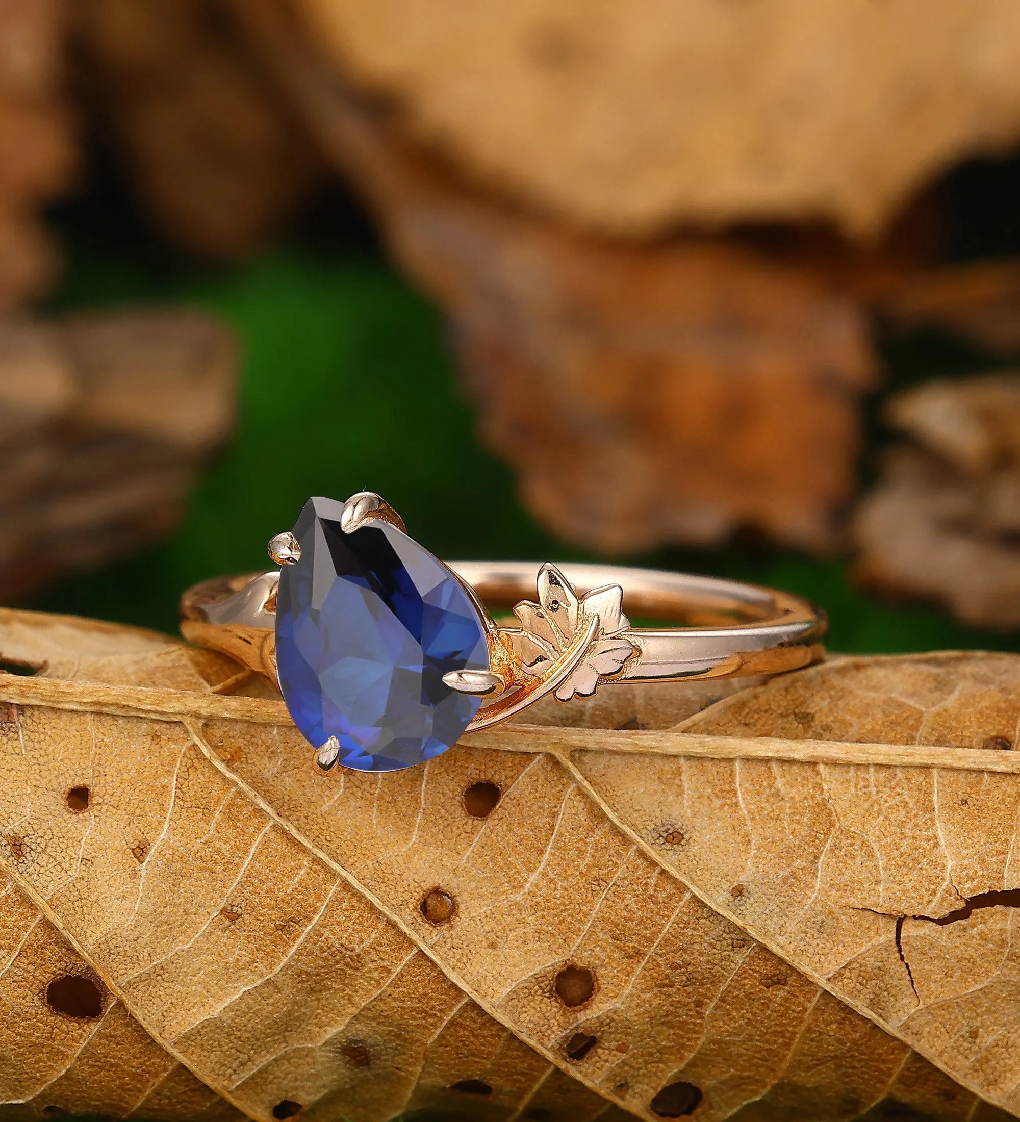 1.35CT Pear Shaped Sapphire Solitaire  Leaf Design Wedding Bridal Ring