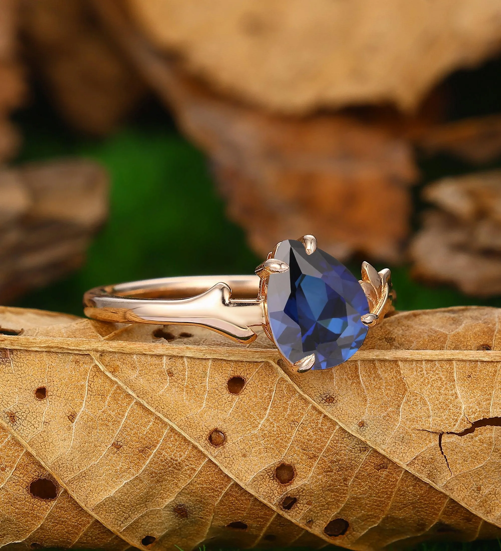 1.35CT Pear Shaped Sapphire Solitaire  Leaf Design Wedding Bridal Ring