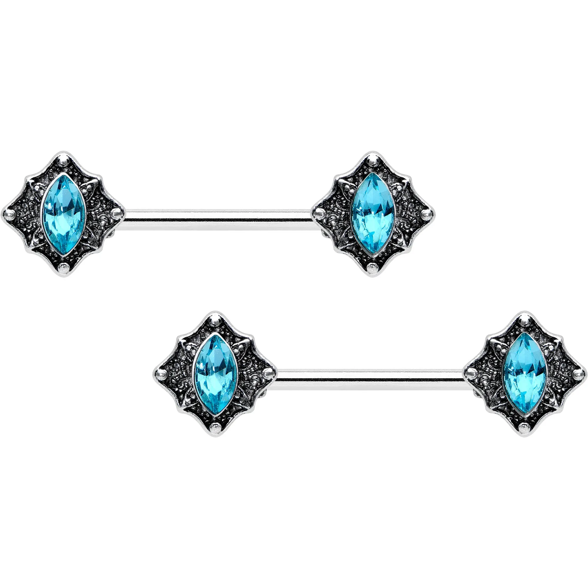 14 Gauge 9/16 Blue Gem Rhombus Retro Barbell Nipple Ring Set