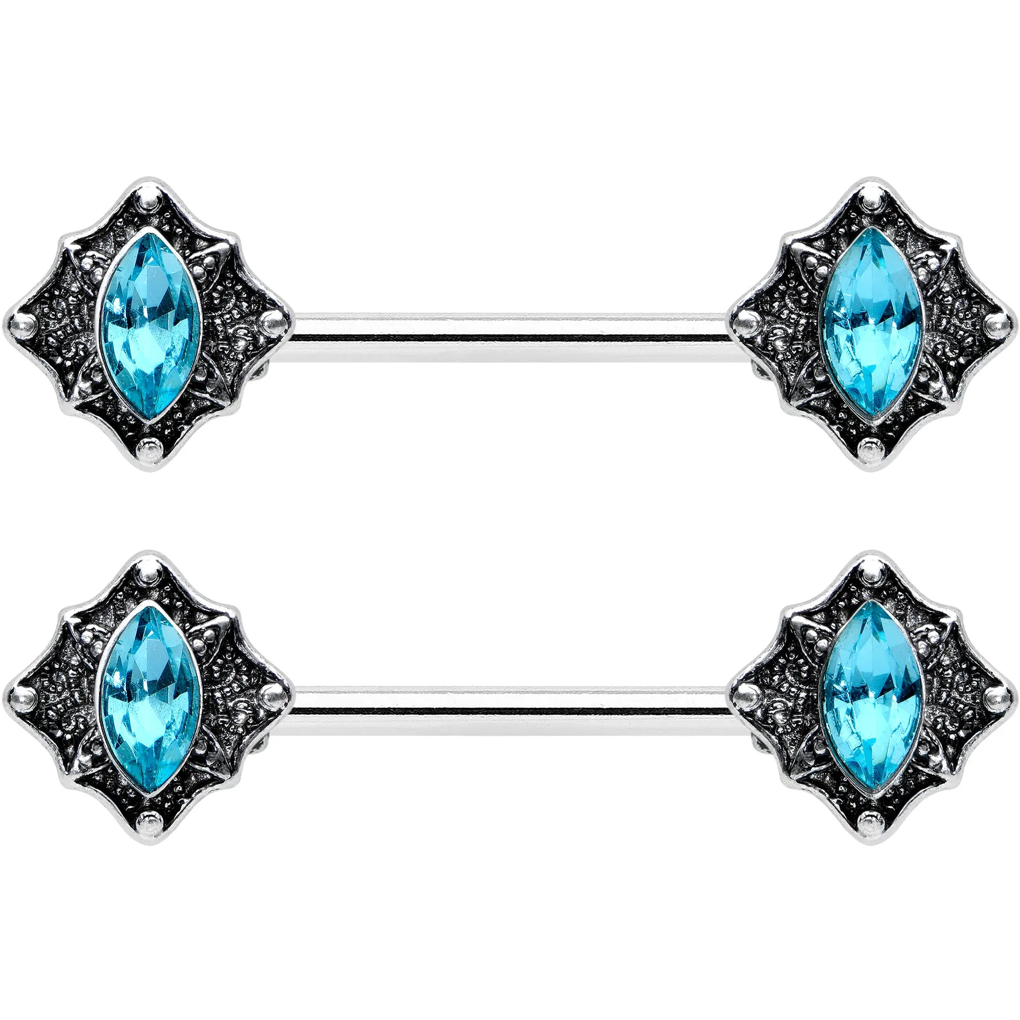 14 Gauge 9/16 Blue Gem Rhombus Retro Barbell Nipple Ring Set