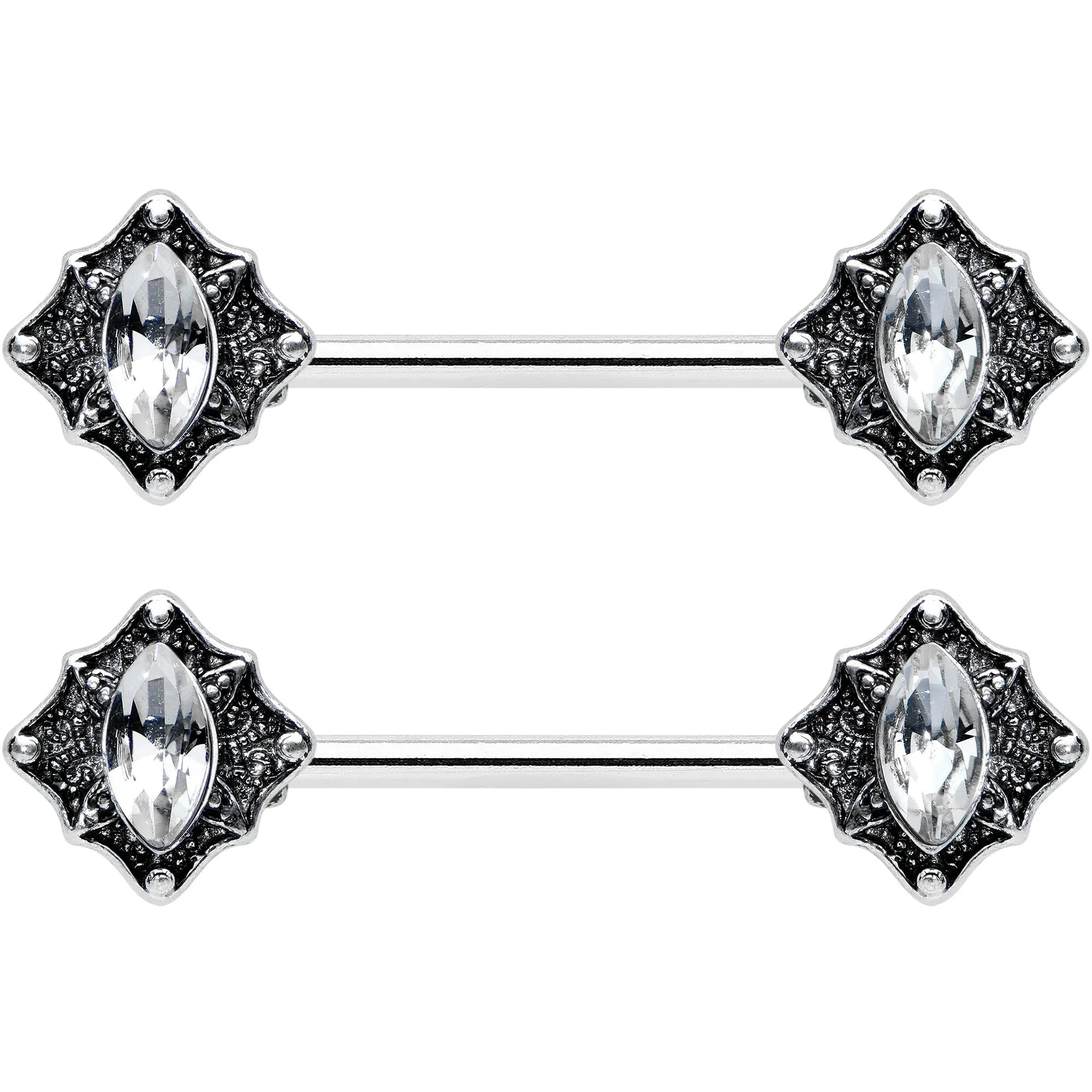 14 Gauge 9/16 Clear Gem Rhombus Retro Barbell Nipple Ring Set