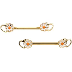 14 Gauge 9/16 Gold Tone Daisy Flower Heart Barbell Nipple Ring Set
