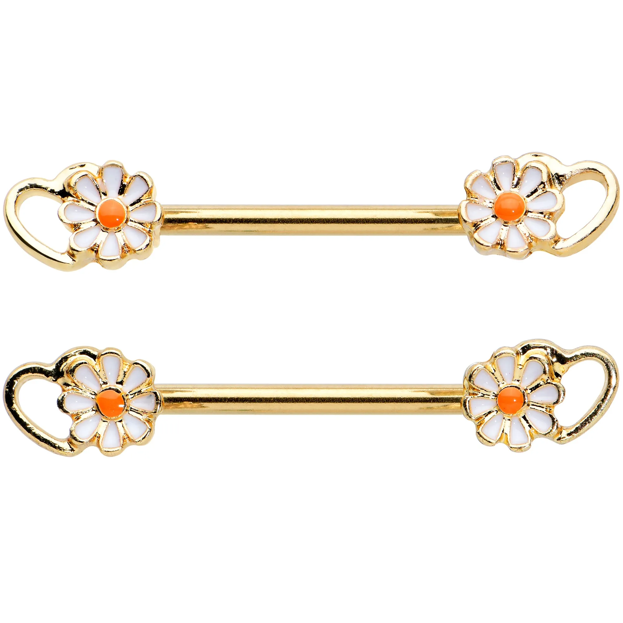 14 Gauge 9/16 Gold Tone Daisy Flower Heart Barbell Nipple Ring Set