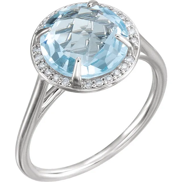 14k Gold 8mm Round Sky Blue Topaz and .05CTW Diamond Halo Ring