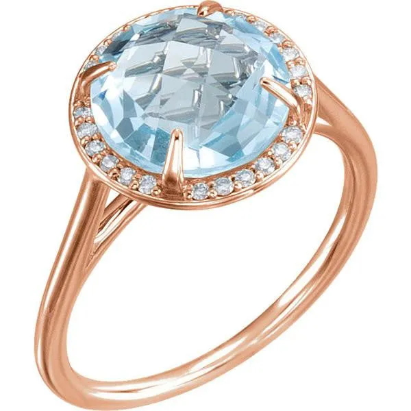 14k Gold 8mm Round Sky Blue Topaz and .05CTW Diamond Halo Ring