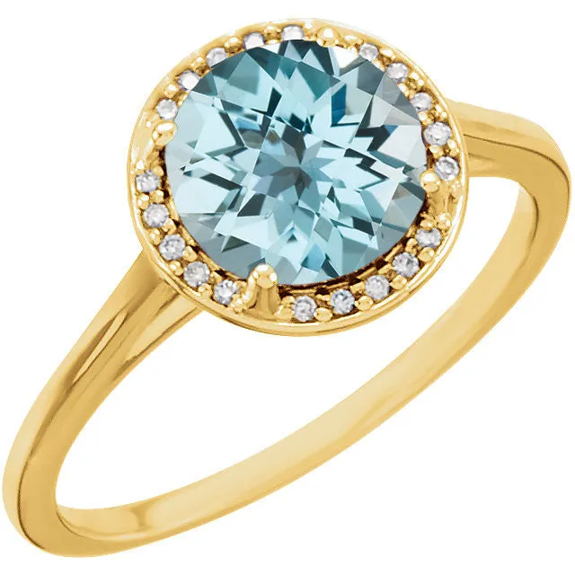 14k Gold 8mm Round Sky Blue Topaz and .05CTW Diamond Halo Ring