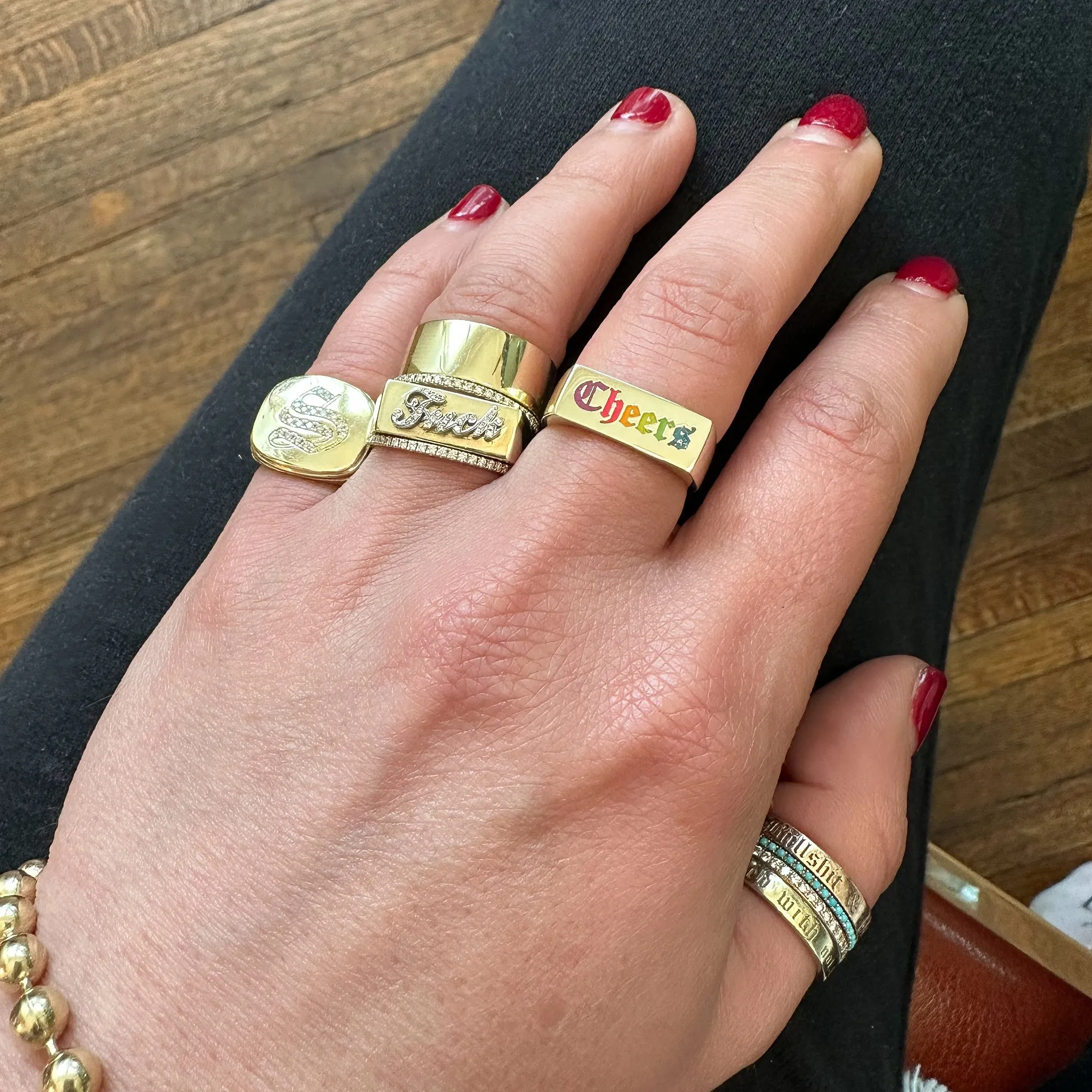 14K Gold Retro Riveted Square Signet Ring