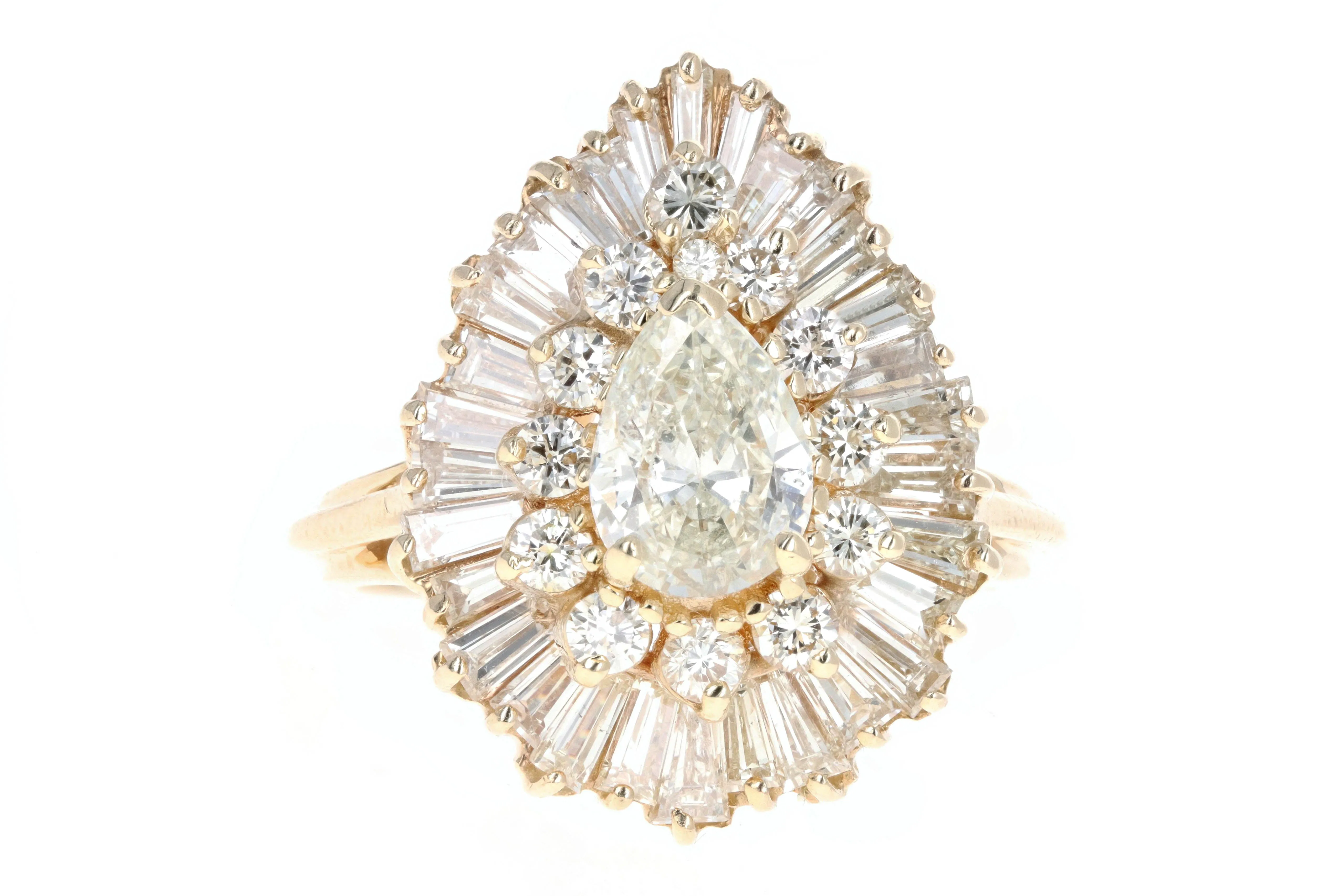 14K Yellow Gold 0.75 Carat Pear Cut Diamond Ballerina Halo Ring