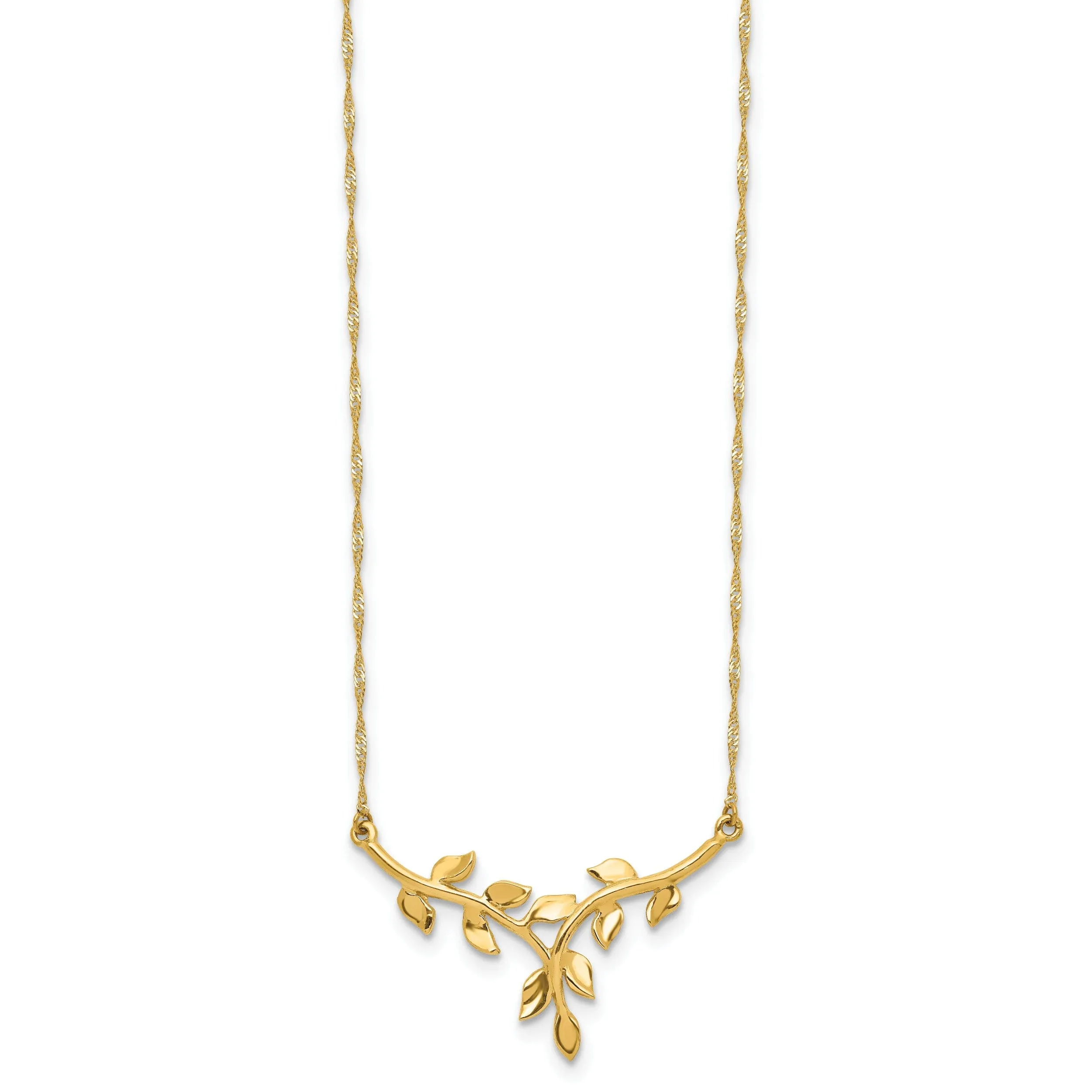 14K Yellow Gold Polished Finish Leaf Shape Design Pendant in a 17-inch Singapore Chain Necklace Set