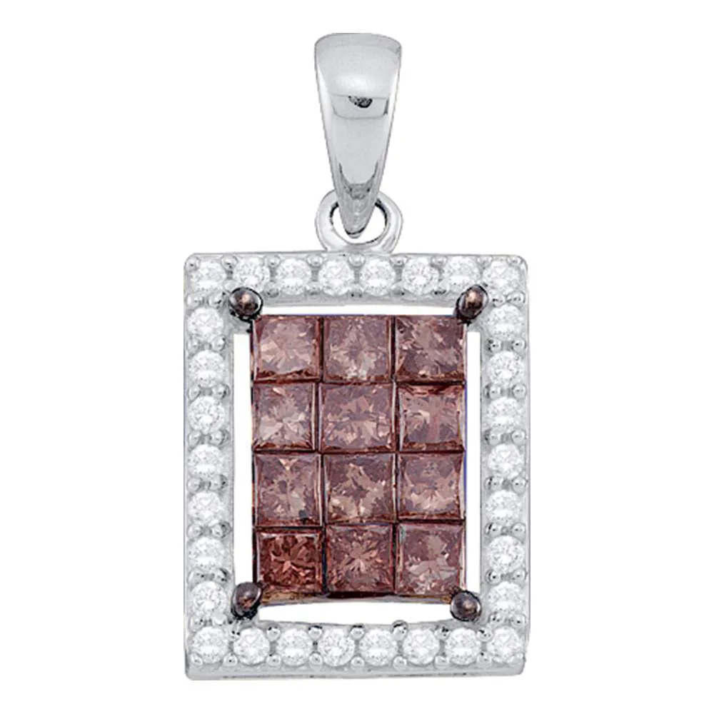14kt White Gold Womens Princess Brown Diamond Emerald Cluster Pendant 1.00 Cttw