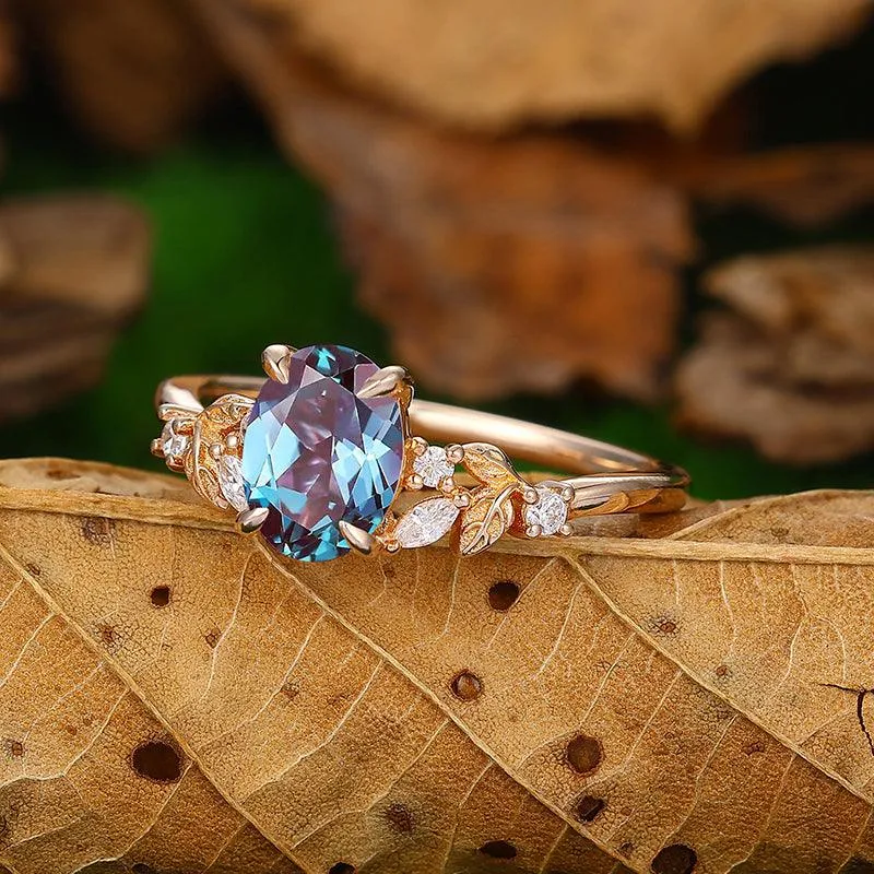 1.5CT Oval Shaped 18k Gold Cluster Alexandrite Natural Leaf Ring