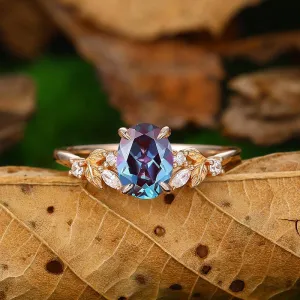 1.5CT Oval Shaped 18k Gold Cluster Alexandrite Natural Leaf Ring