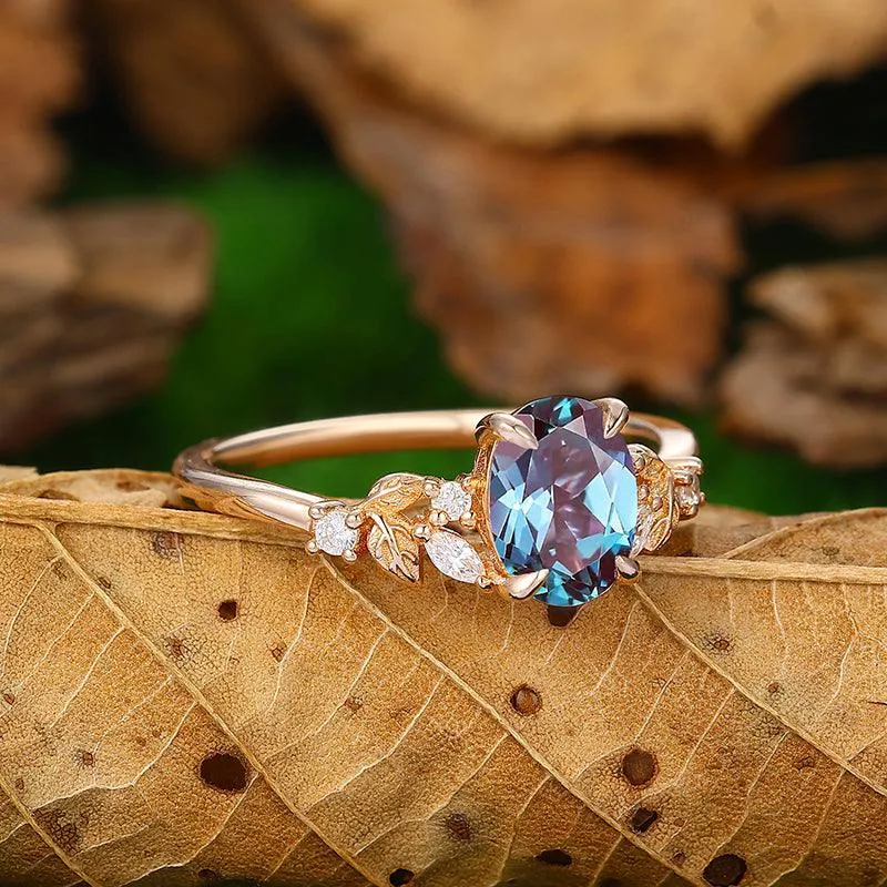 1.5CT Oval Shaped 18k Gold Cluster Alexandrite Natural Leaf Ring