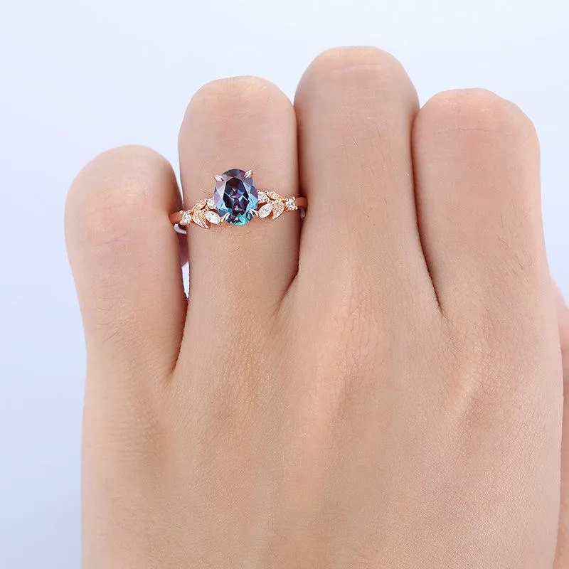 1.5CT Oval Shaped 18k Gold Cluster Alexandrite Natural Leaf Ring