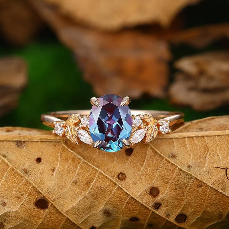 1.5CT Oval Shaped 18k Gold Cluster Alexandrite Natural Leaf Ring