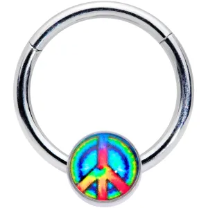 16 Gauge 3/8 Rainbow Tie Dye Peace Sign Hinged Segment Ring