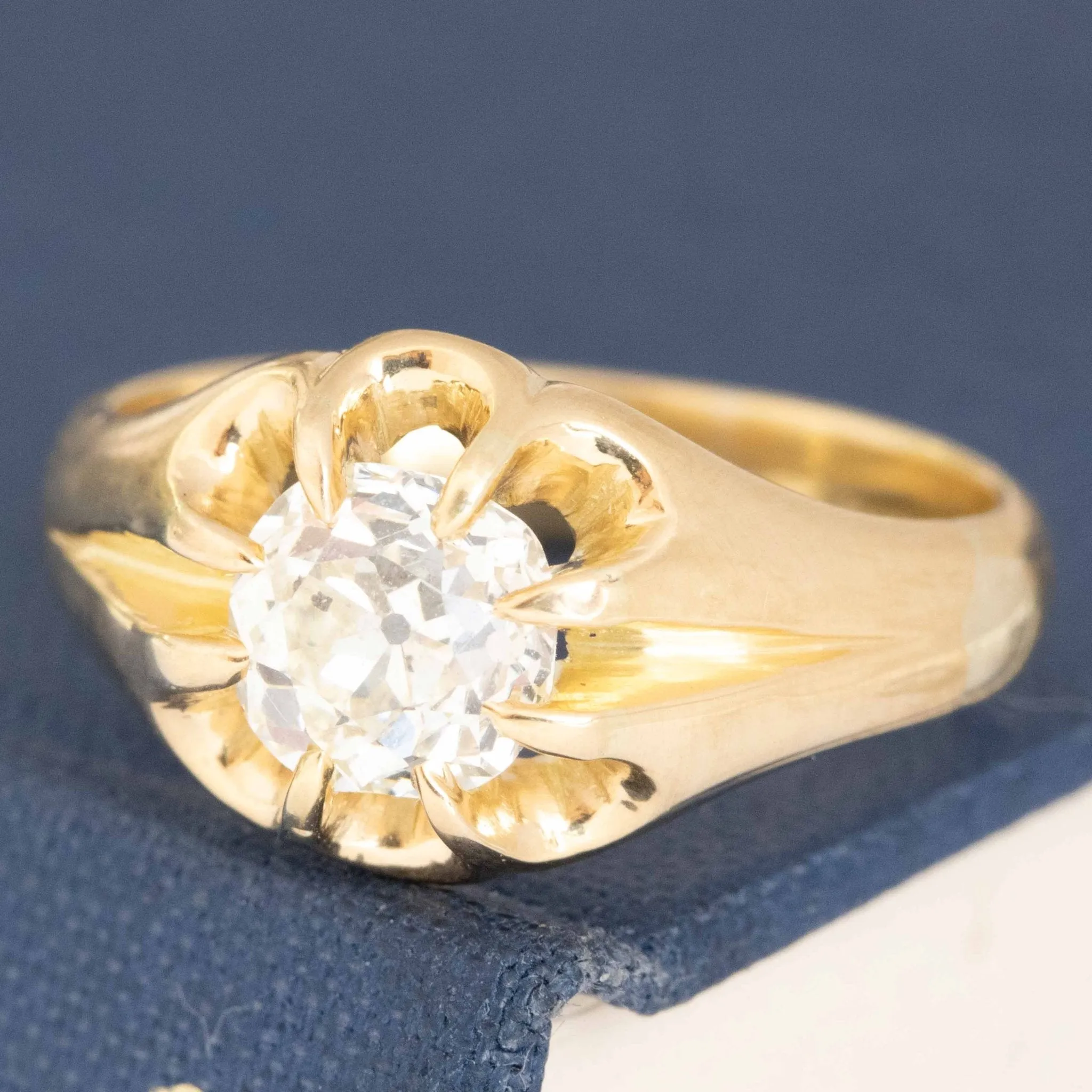 1.64ct Antique Old Mine Cut Diamond Belcher Ring, GIA L SI2