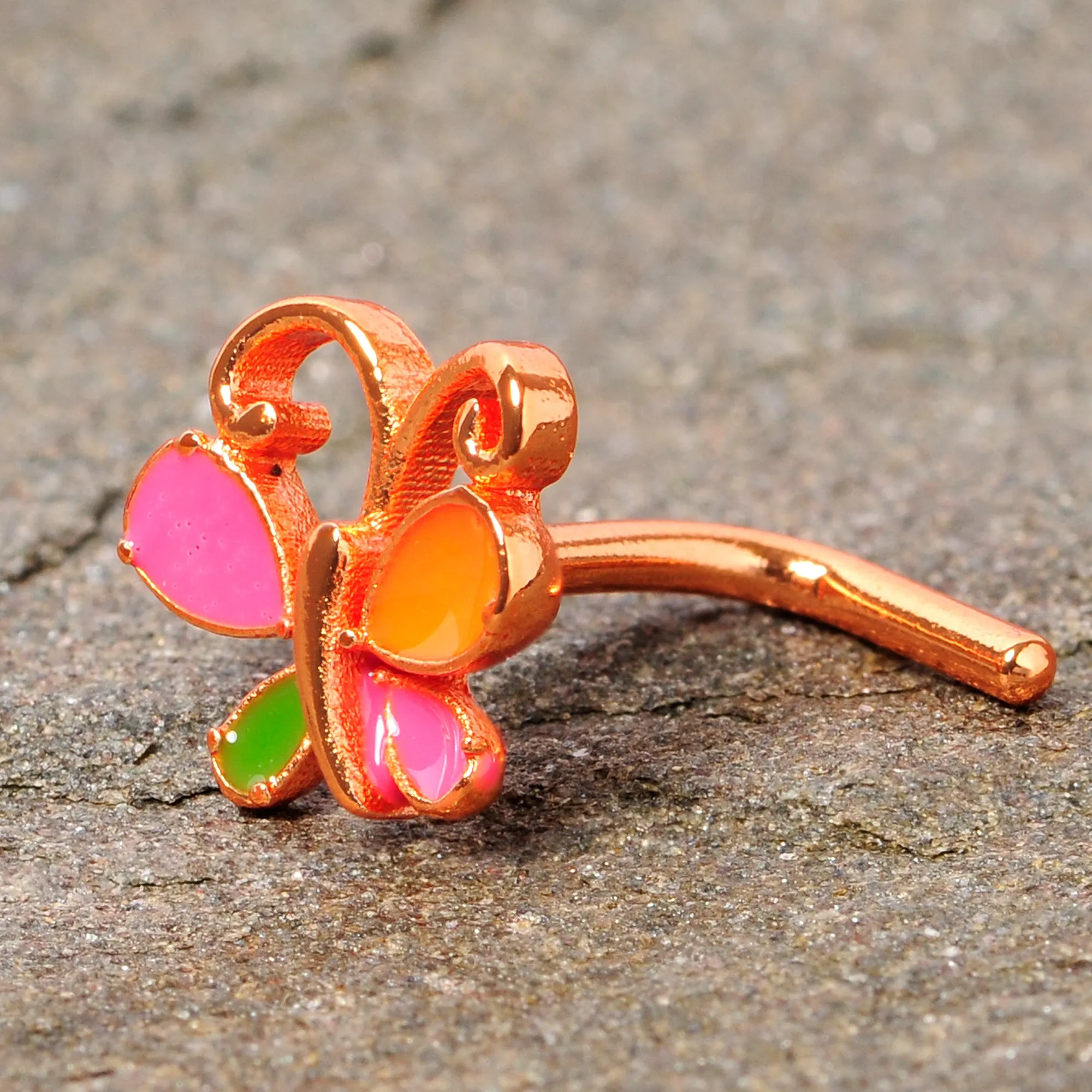 18 Gauge 1/4 Pink Orange Rose Gold Tone Butterfly L Shaped Nose Ring