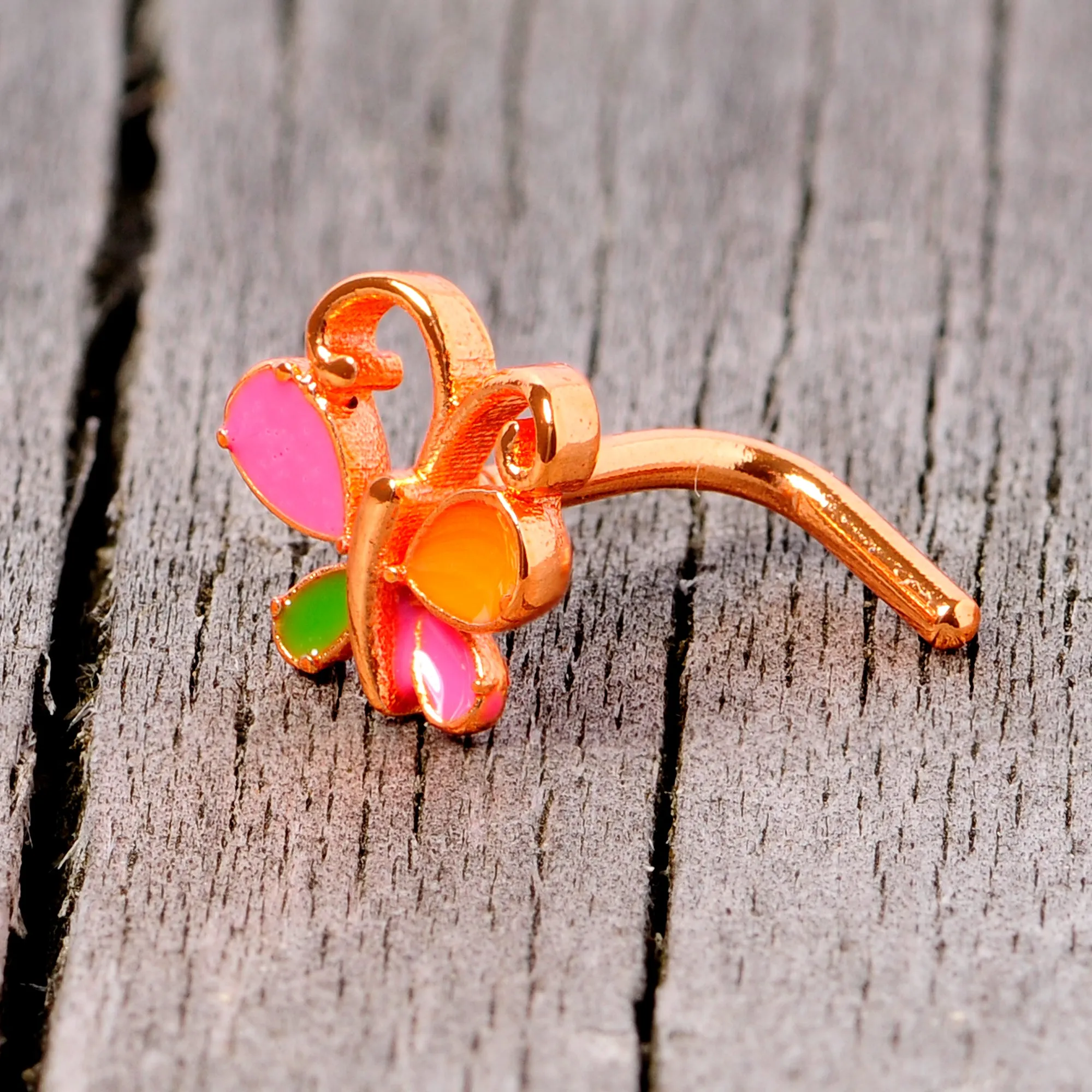 18 Gauge 1/4 Pink Orange Rose Gold Tone Butterfly L Shaped Nose Ring
