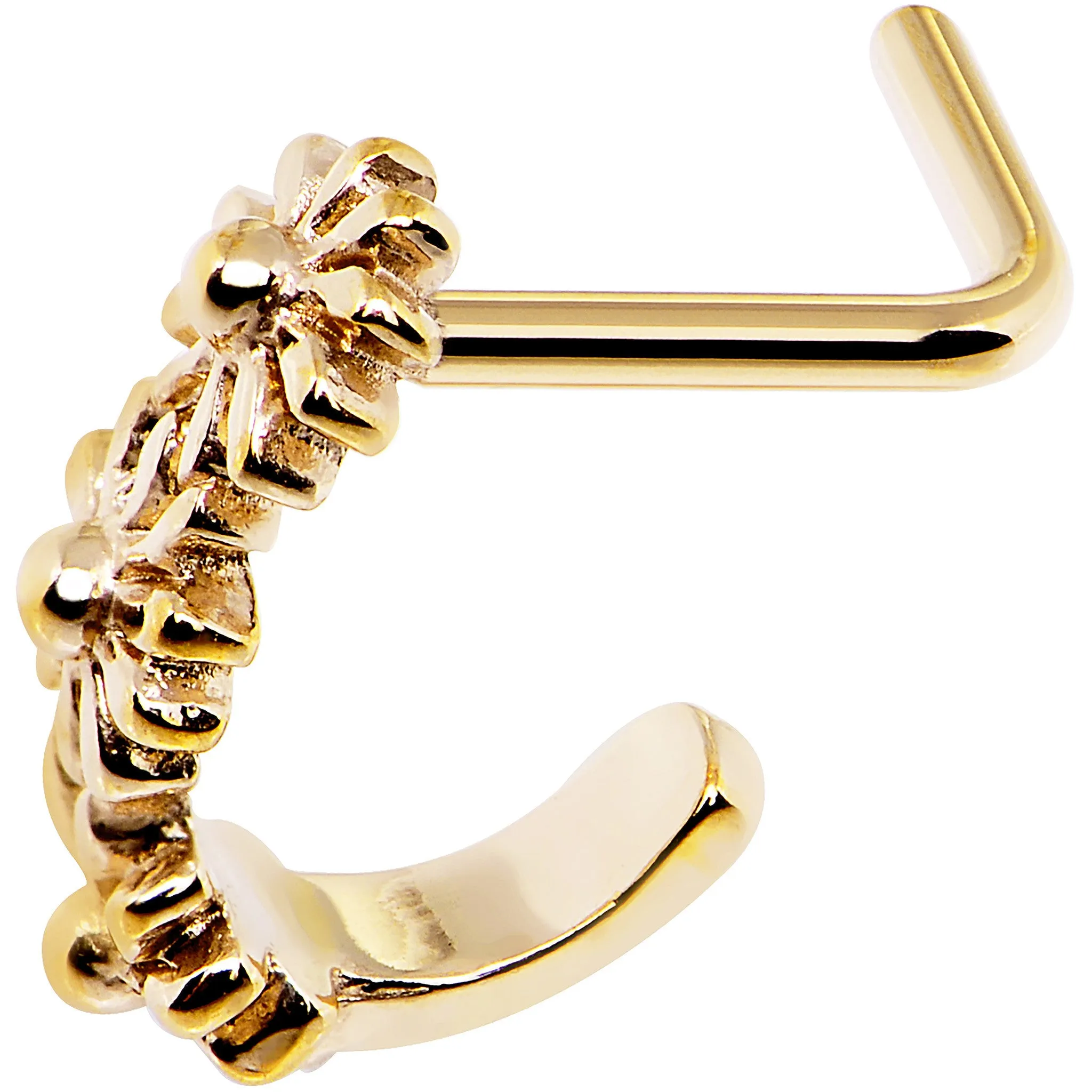 18 Gauge Gold PVD Daisy Flower Chain Faux Hoop L Shaped Nose Ring