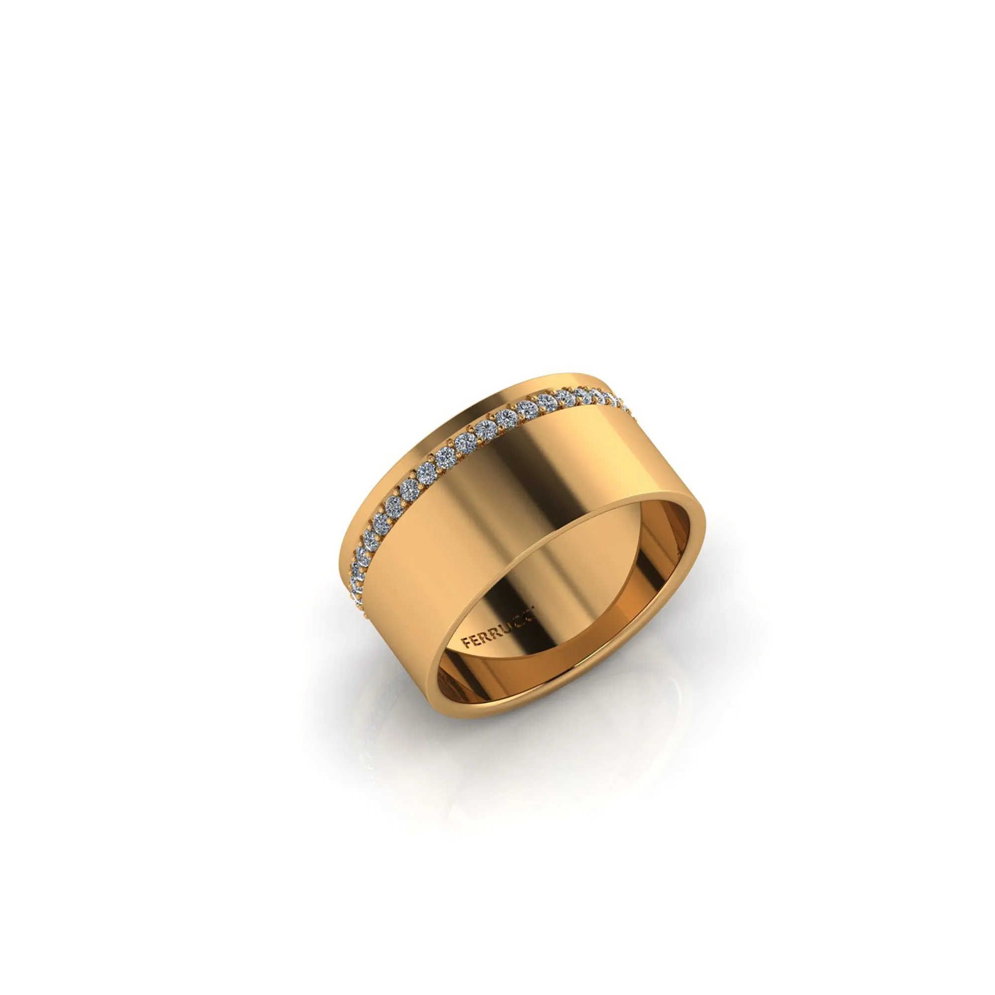18 Karat Yellow Gold Wide Flat Band White Diamonds Pavé Stackable Ring