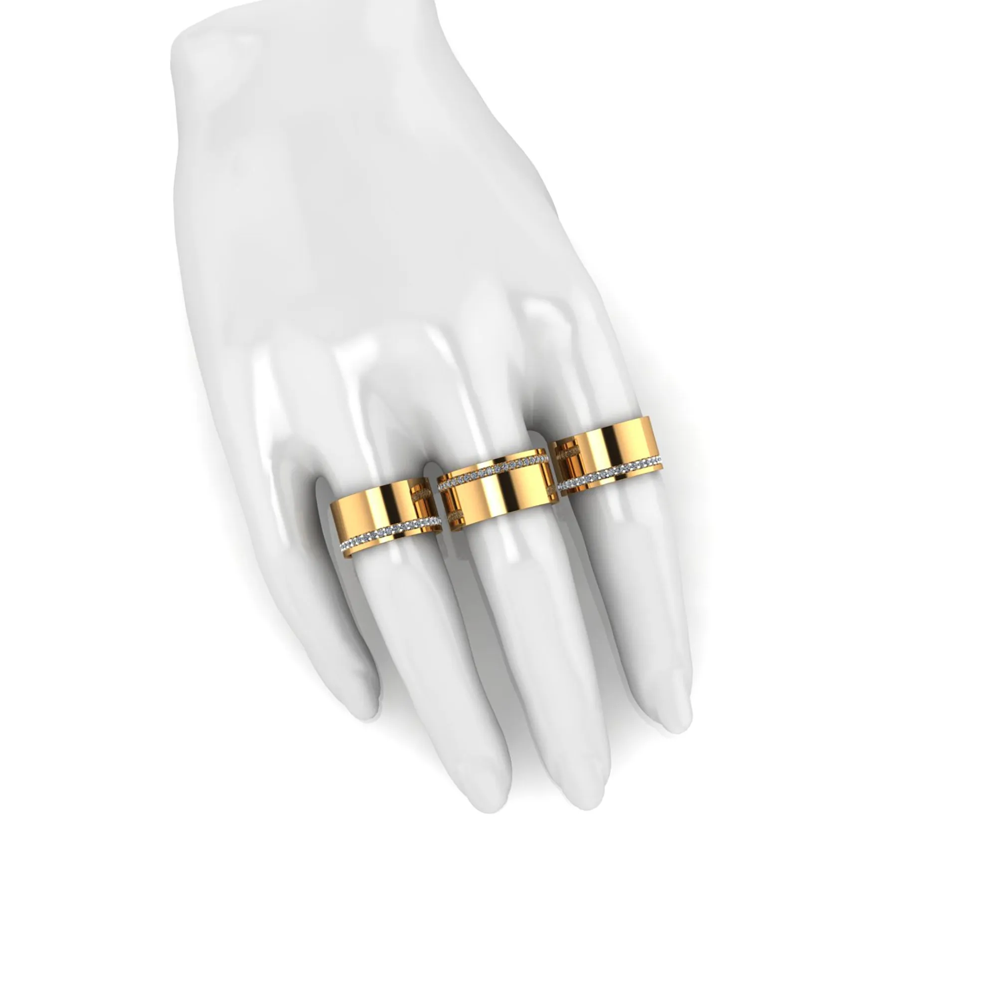 18 Karat Yellow Gold Wide Flat Band White Diamonds Pavé Stackable Ring
