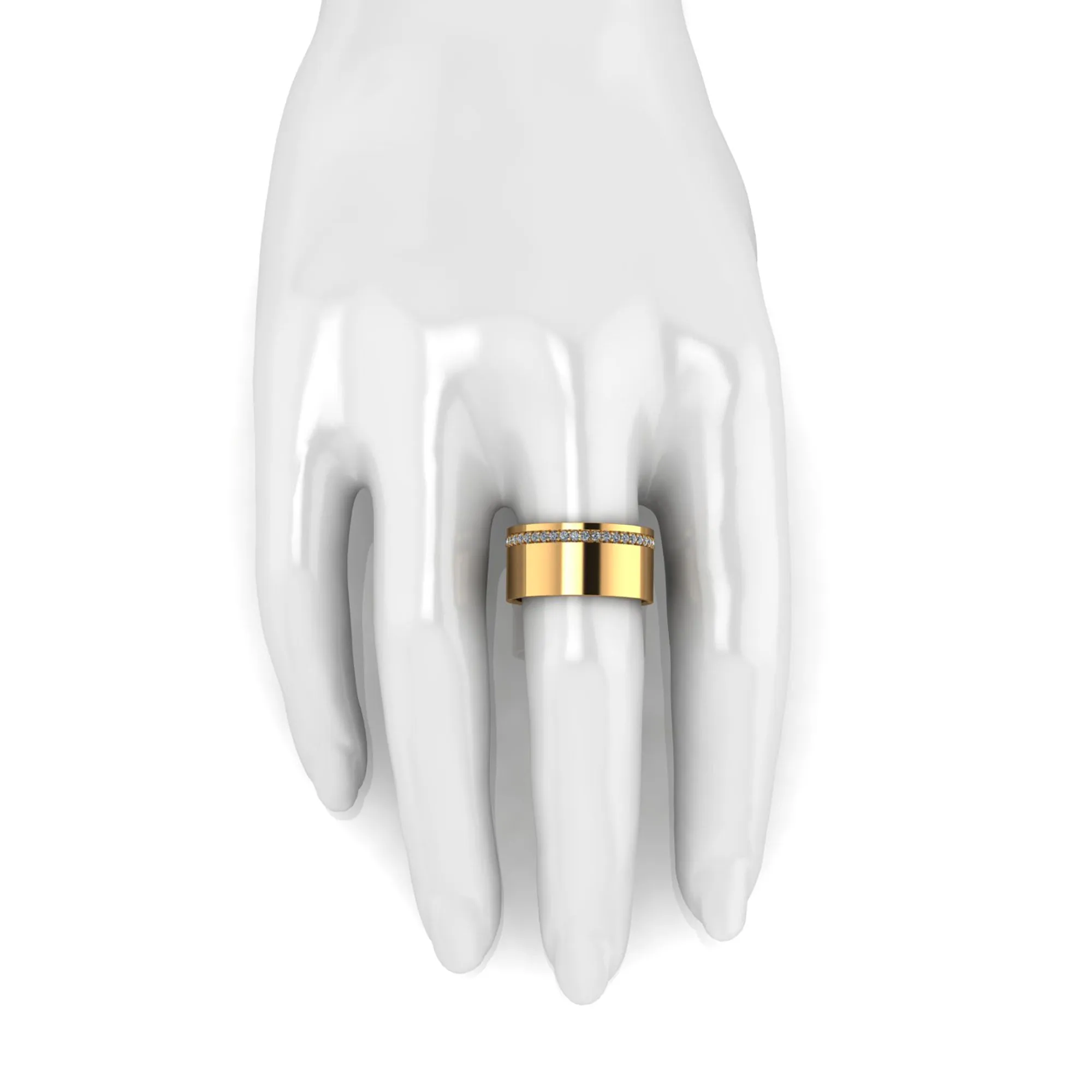 18 Karat Yellow Gold Wide Flat Band White Diamonds Pavé Stackable Ring