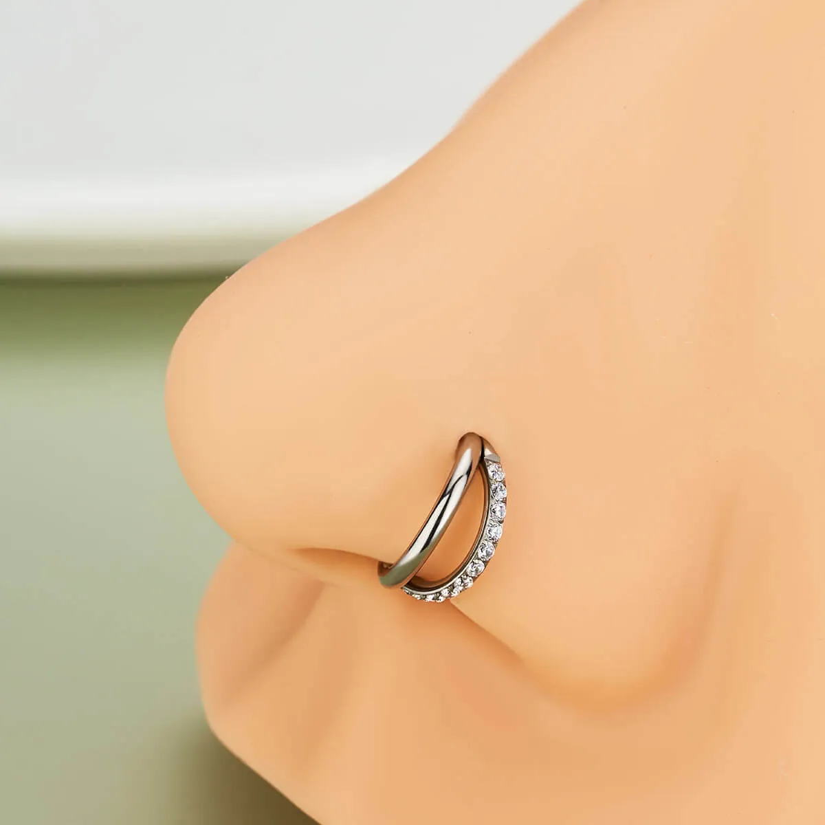 18G Titanium Half CZ Double Hoop Nose Ring