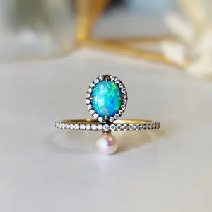 18K Gold 0.30ct Natural Opal & 0.18ct Diamond Akoya Pearl Ring