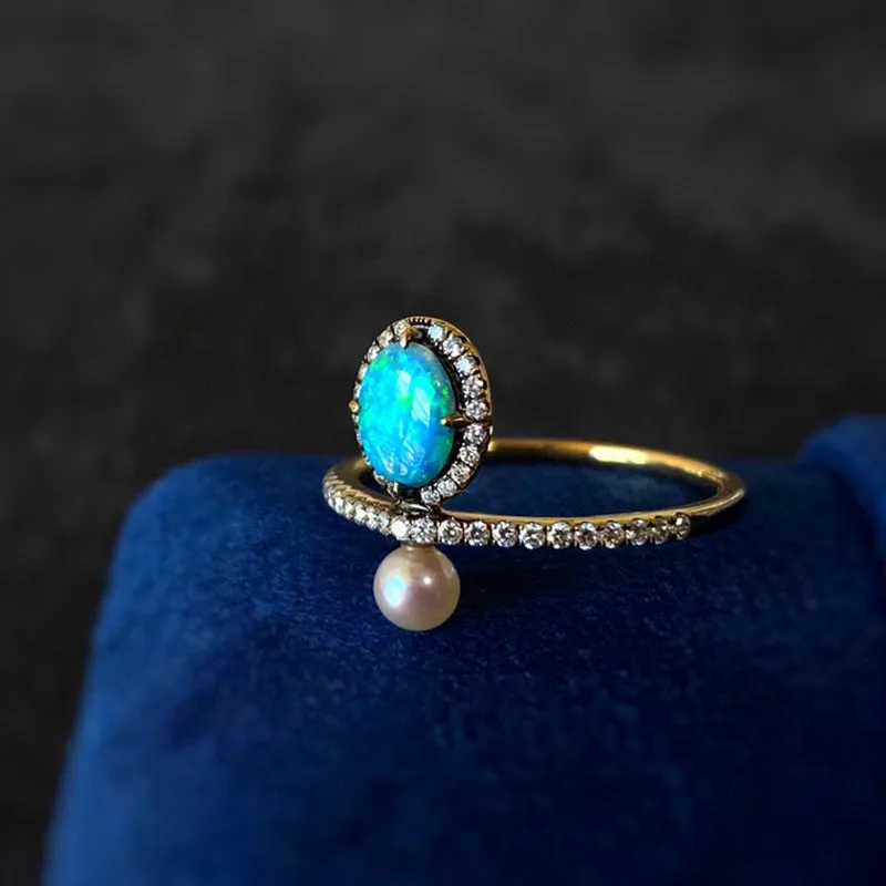 18K Gold 0.30ct Natural Opal & 0.18ct Diamond Akoya Pearl Ring